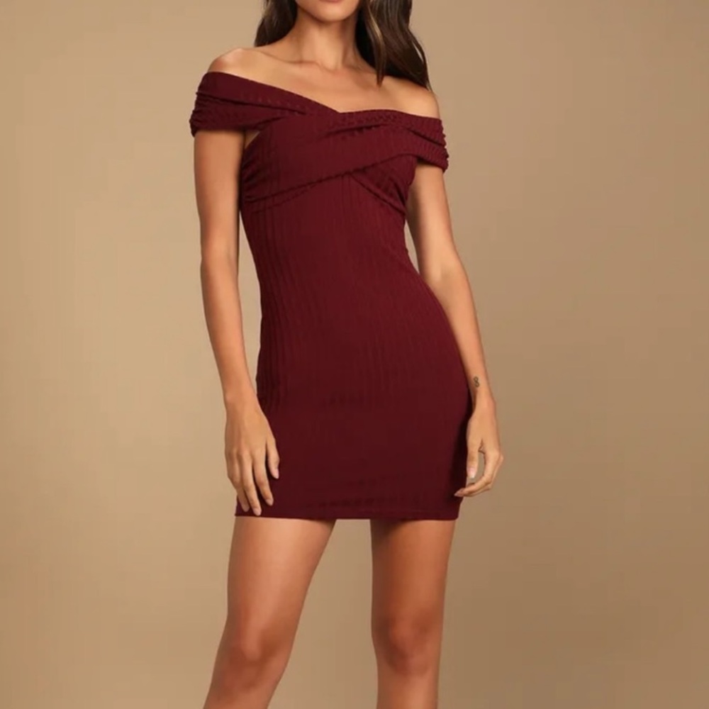 Lulu’s Burgundy Ribbed Off-the-Shoulder Bodycon Mini Dress